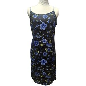 Vintage Y2K Tickets Dress Size M Black Blue Floral Pull Over Tie Belt